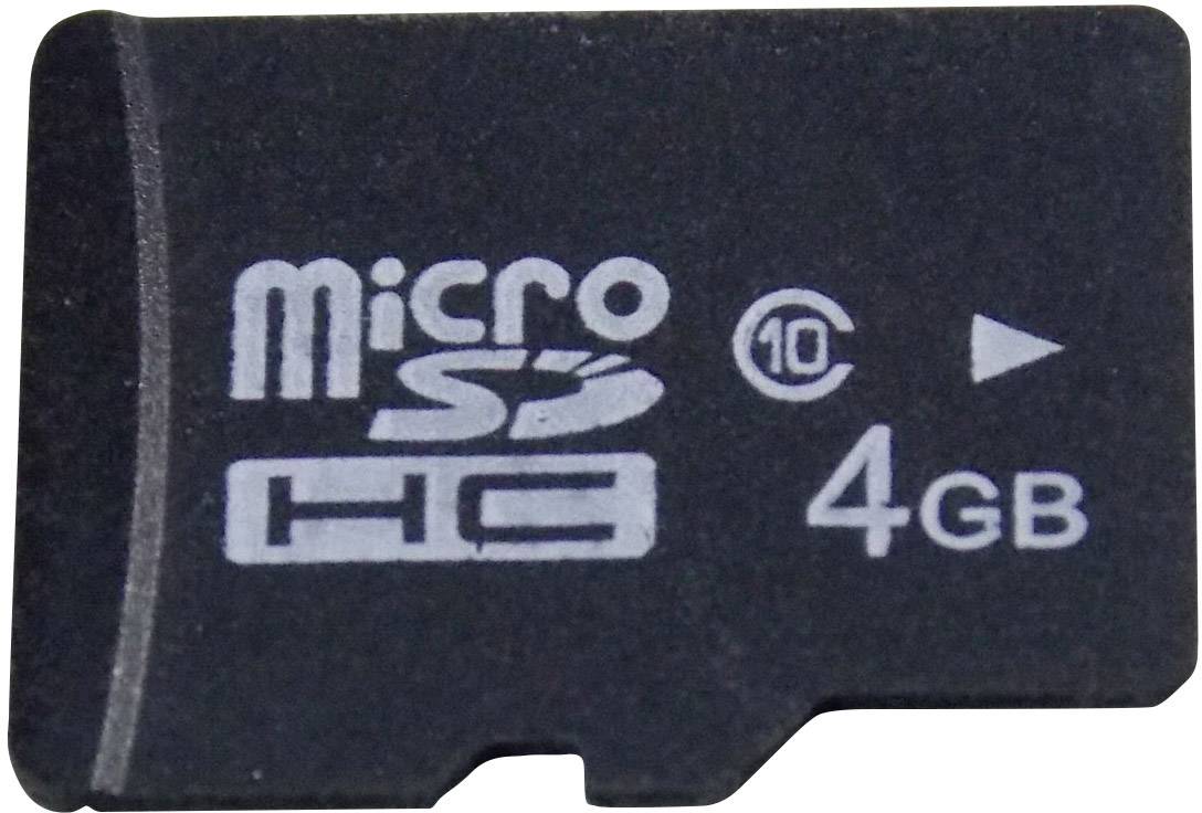 'Schwarze MicroSDHC-Karte mit 4 GB Kapazität und Class 10-Logo.'