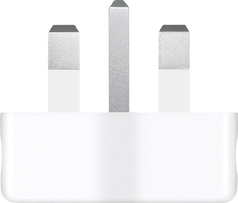 Adapterstecker, rechteckige Form, mit drei flachen, rechteckigen Metallstiften, typischerweise für britische Steckdosen.