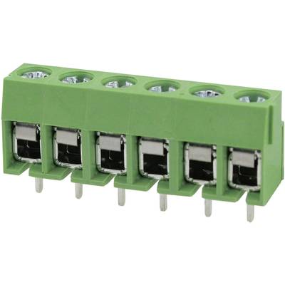 Grüner Steckverbinder mit sechs silbernen Anschlussklemmen in einer Reihe, genutzt in elektronischen Anwendungen.