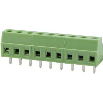 Grüner Steckverbinder mit acht Metallpins. Verwendet für elektrische Verbindungen auf Leiterplatten.