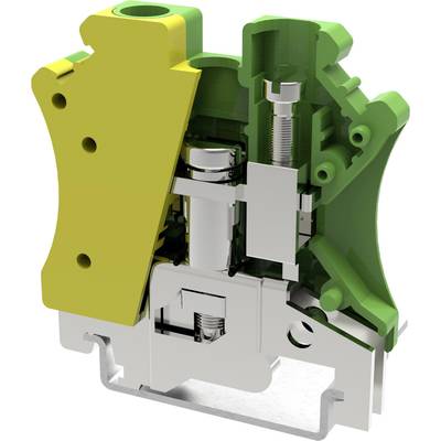 Ein Querschnitt einer elektrischen Klemme, die grüne und gelbe Abdeckungen sowie interne mechanische Komponenten zeigt.