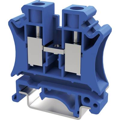 Ein blauer, montierter elektrischer Klemmblock, der Innenansicht mit Schraubenmechanismus zeigt, zur Befestigung elektrischer Kabel.