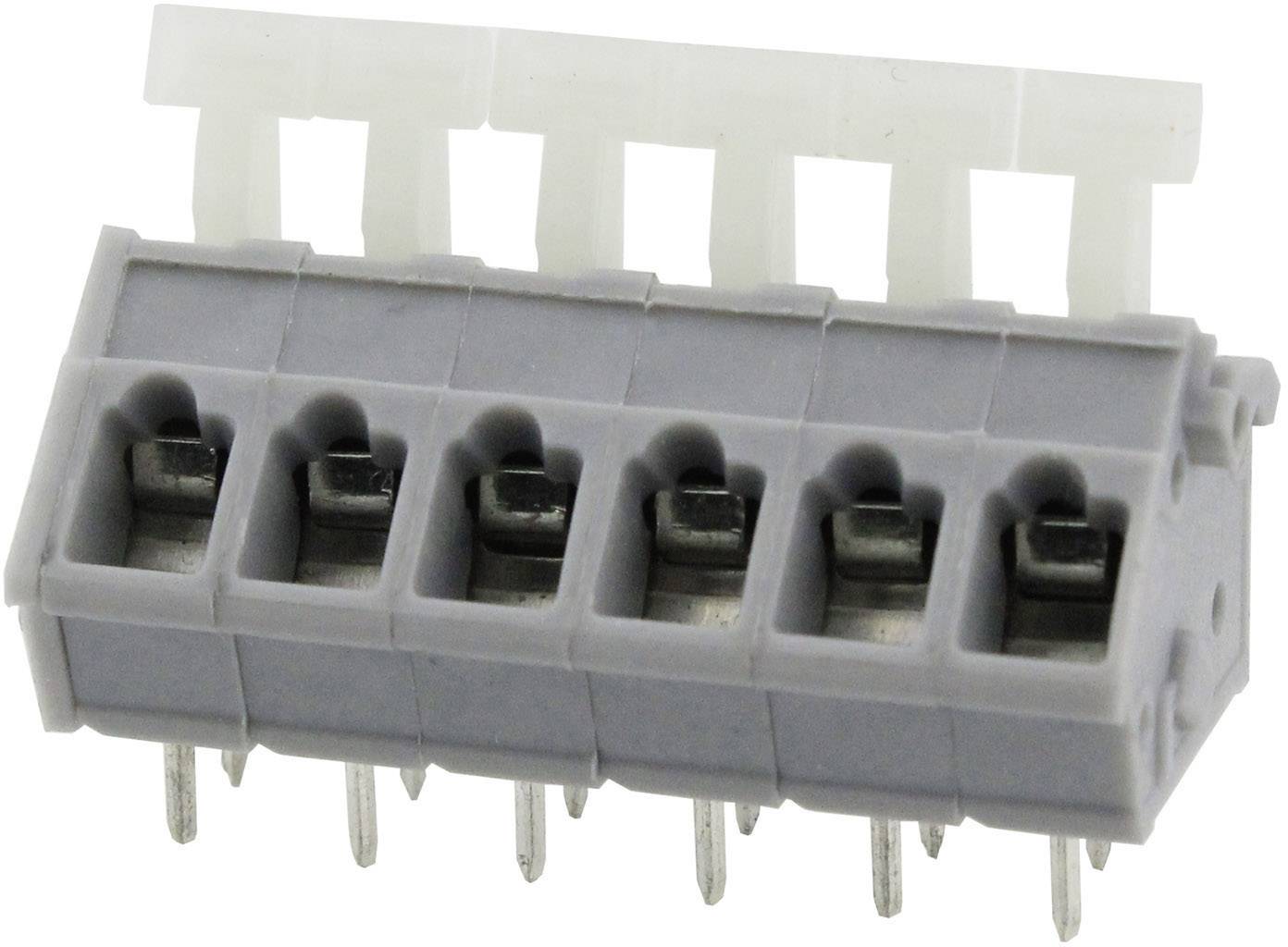 Grauer Steckverbinder mit mehreren Pins, die für die elektrische Verbindung verwendet werden, und weißen Hebeln zur Fixierung der Drähte.
