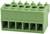 Ein rechteckiger, grüner Steckverbinder mit fünf Löchern und dazugehörigen Buchsen, geeignet für elektrische Verbindungen.
