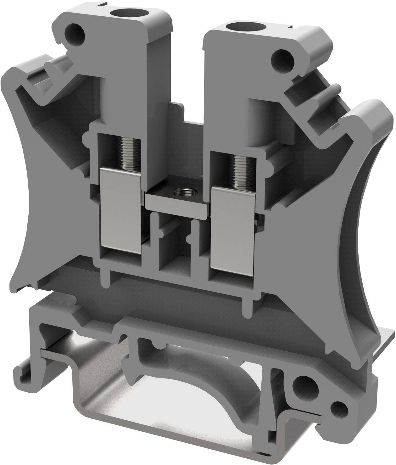 Ein grauer elektrischer Klemmenblock mit Metallkontakten und Montageschiene, zur Verbindung von elektrischen Leitungen.