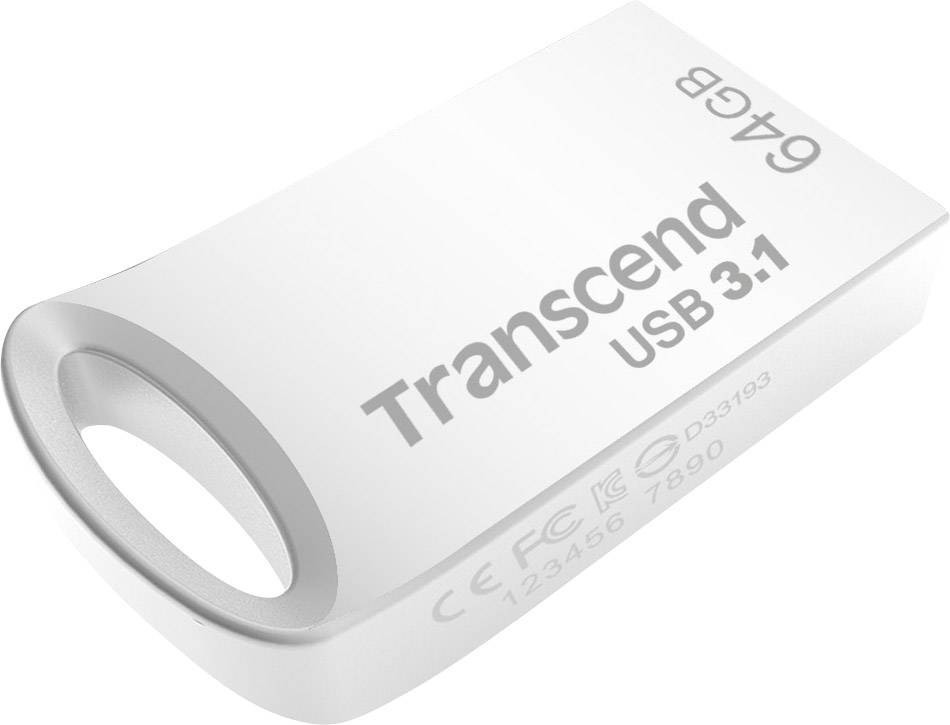 USB-Stick 'Transcend 64GB, USB 3.1'. Weißes, kompaktes Design mit integriertem Schlüsselanhänger.