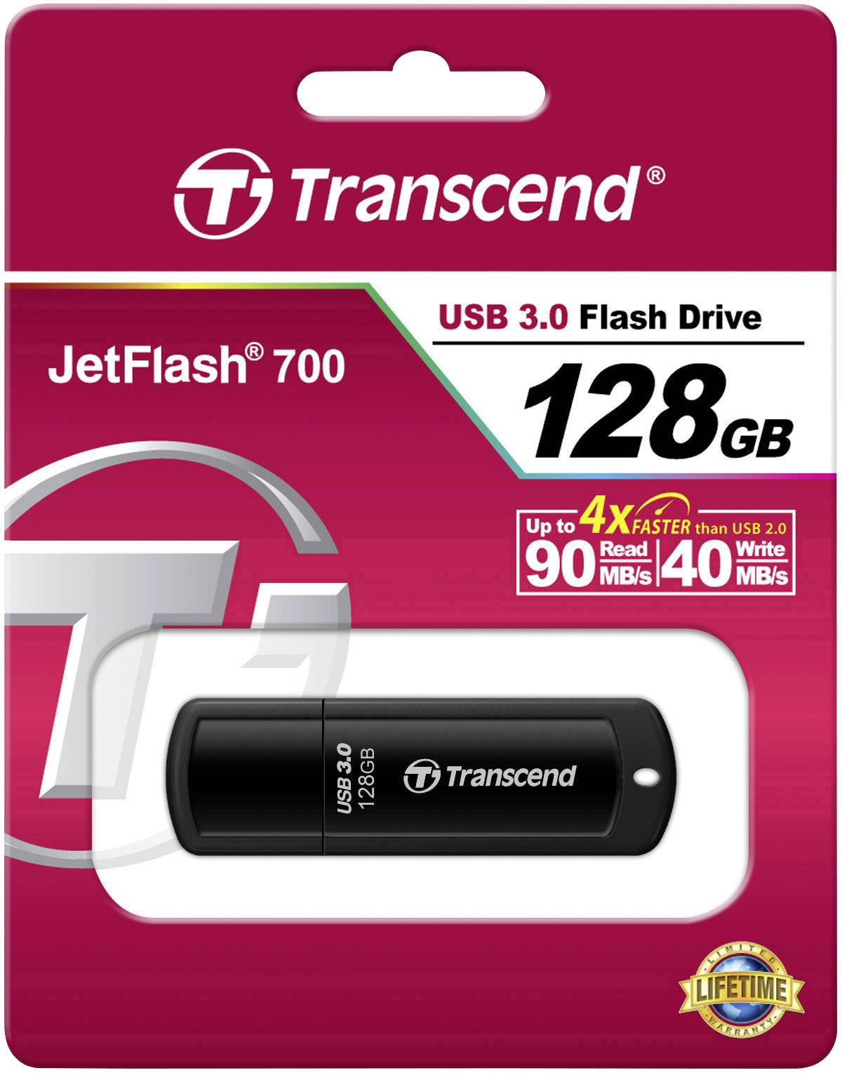 USB 3.0 Flash-Laufwerk, 128 GB, Transcend JetFlash 700, bis zu 4x schneller als USB 2.0, 90 MB/s lesen, 40 MB/s schreiben.