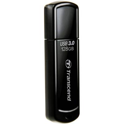 Ein schwarzer USB-Stick mit der Aufschrift 'USB 3.0 128 GB Transcend'.
