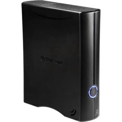 Externe schwarze Festplatte von Transcend mit USB 3.0-Anschluss, vertikal aufgestellt. Ein blauer Ring leuchtet auf der Vorderseite.