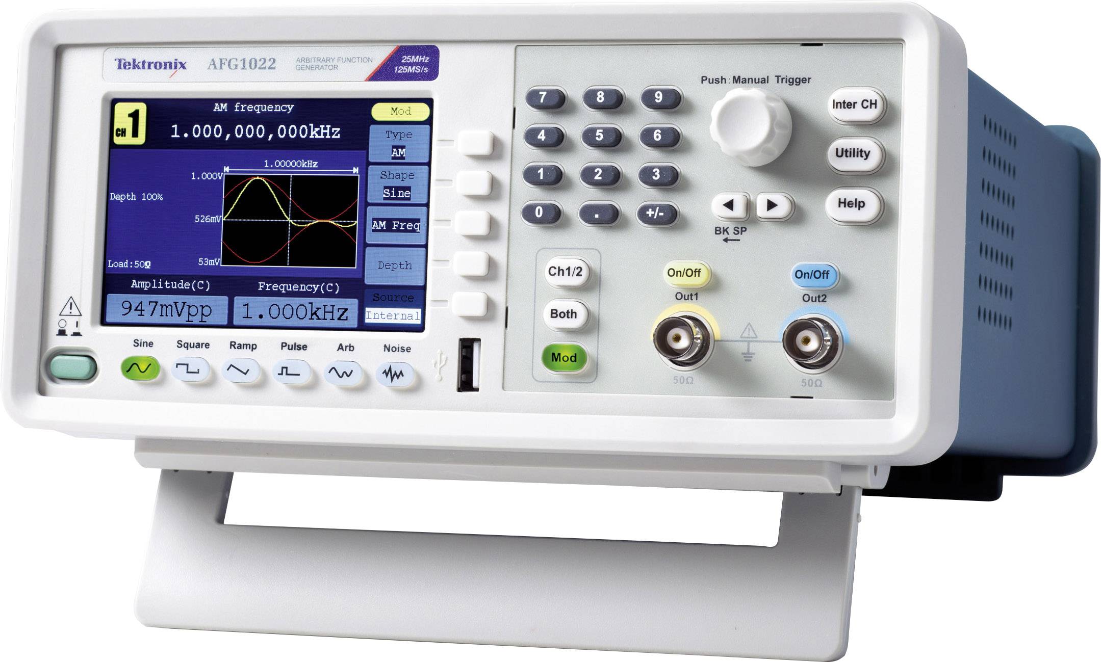 Ein Funktionsgenerator in Weiß und Grau mit digitalem Display zeigt eine Frequenz von 1 MHz. Tasten zur Steuerung sind rechts angeordnet.