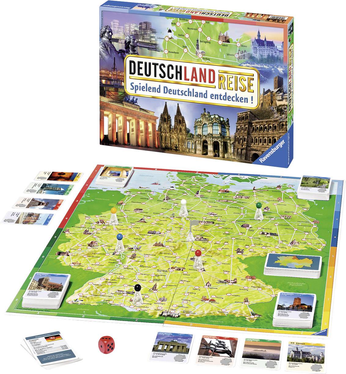 Brettspiel 'Deutschlandreise': Ein Spielbrett zeigt eine Landkarte Deutschlands mit Städten und Routen. Ziel ist das Entdecken der Städte.