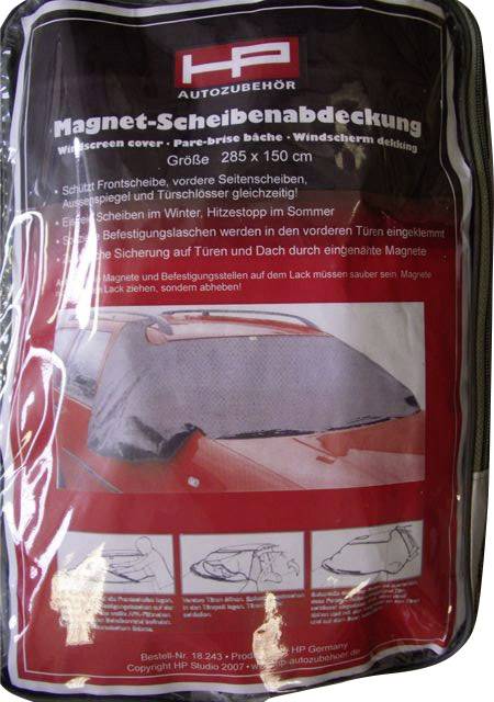 'Magnet-Scheibenabdeckung' für Frontscheibe, schützt auch Seitenspiegel und Türen. Größe: 285 x 150 cm, magnetische Befestigung.