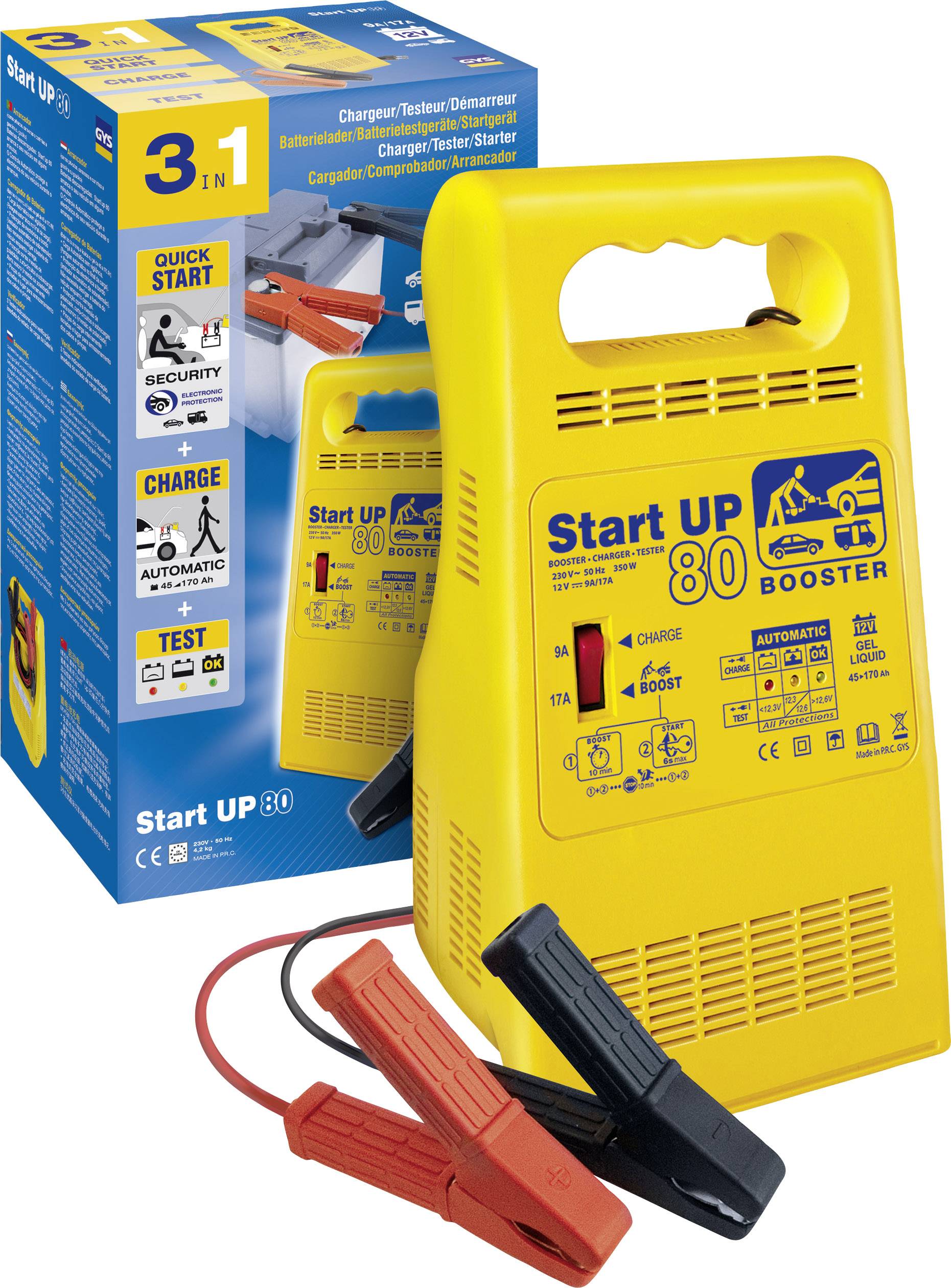 Ein gelbes Startgerät 'Start UP 80 Booster' mit Kabeln und Klemmen. Verpackung zeigt Funktionen: Laden, Testen, Starten.
