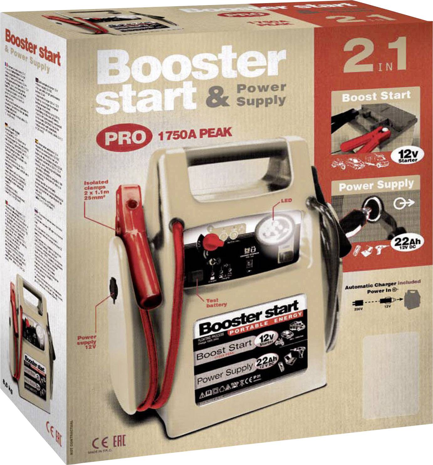 Tragbares Batterieladegerät 'Booster start & Power Supply'. Enthält zwei Kabel, LED-Anzeige und Anschlussmöglichkeiten für 12V und 22Ah.