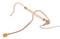 Ein hautfarbiges Headset-Mikrofon mit biegsamen Bügeln und gelbem Mikrophon-Schutz.
