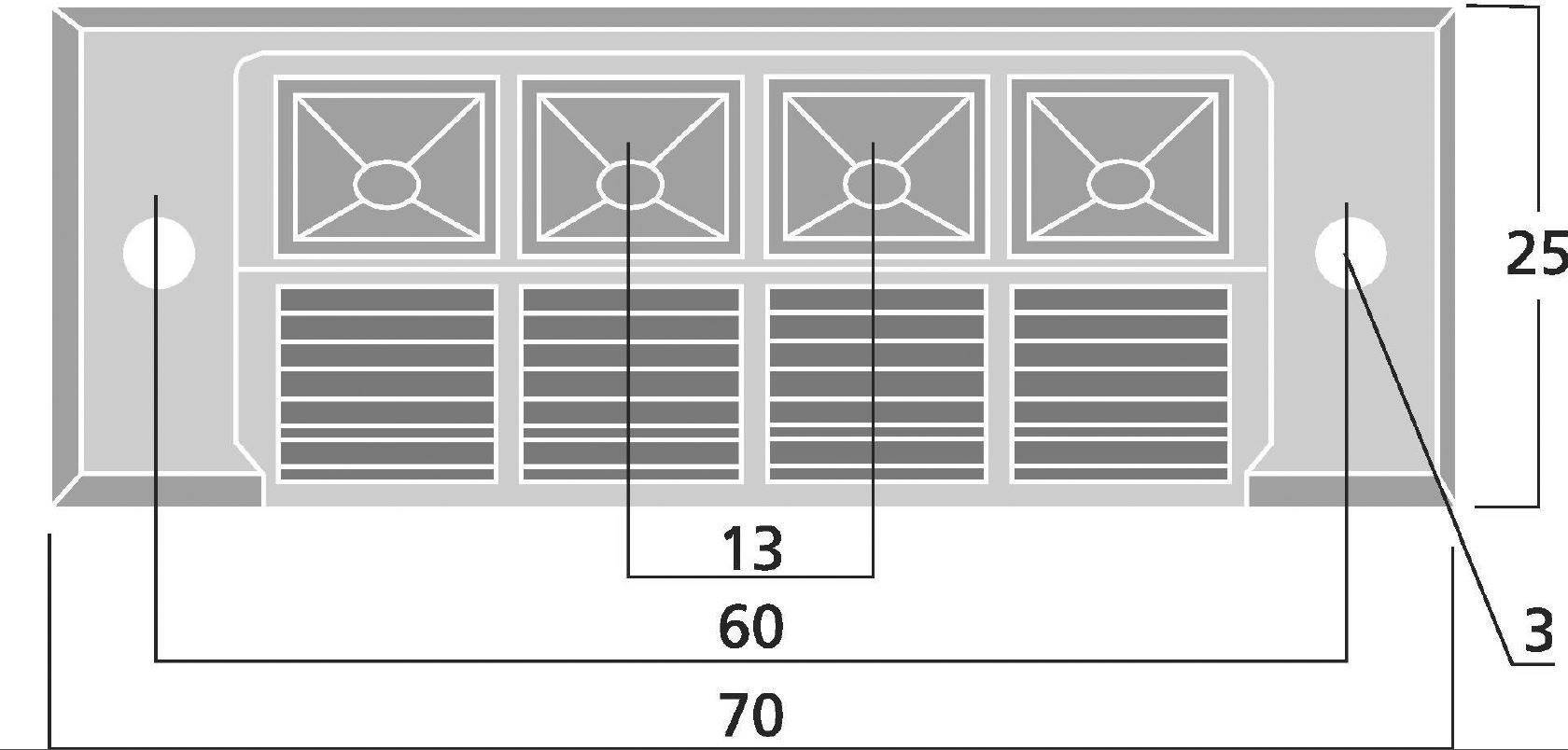 Eine technische Zeichnung eines Lüftungsgitters mit den Maßen 70 x 25 x 3. Zeigt vier Ventilationsöffnungen oben, darunter Lamellen.
