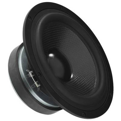 Lautsprecher-Tieftöner in schwarzem Gehäuse, mit metallischem Rand und sichtbarer Membranstruktur, für Audioanwendungen.