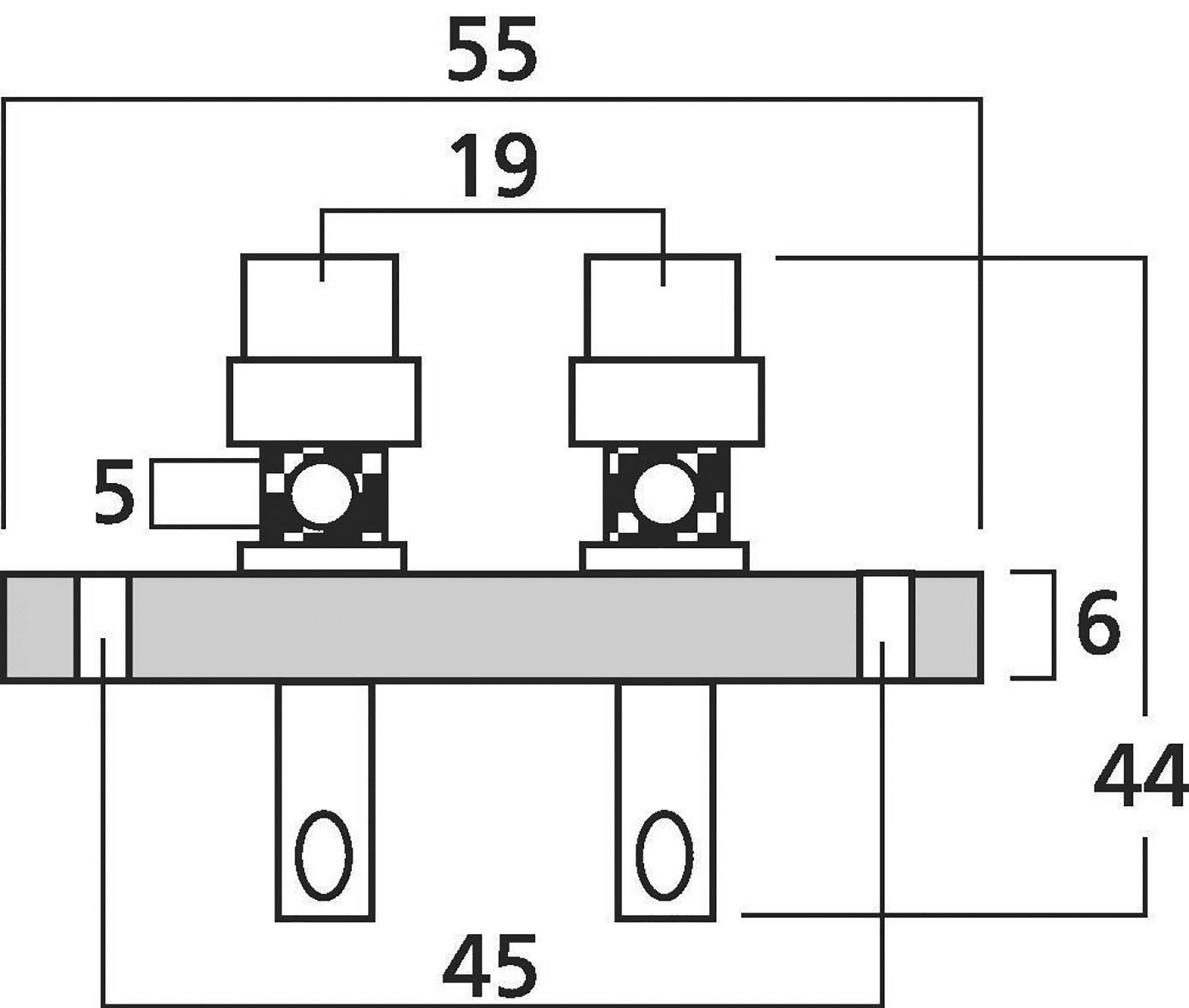 Technische Zeichnung eines elektronischen Bauteils mit Maßen: Breite 55 mm, Höhe 44 mm, Abstand zwischen Anschlüssen 19 mm, Bauteilhöhe 6 mm.