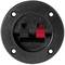 Runde Lautsprecheranschlussterminal in Schwarz mit zwei Klemmen, eine rot und eine schwarz.