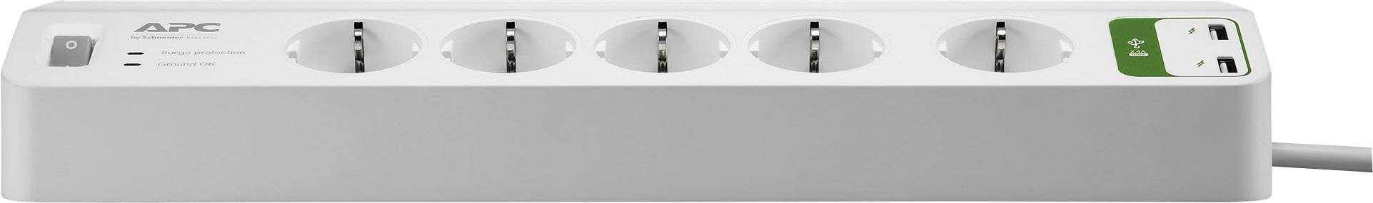 Weiße Steckdosenleiste mit sechs Steckplätzen, davon eine Notstromversorgung. Markenlogo oben links, Knopf rechts grün markiert.