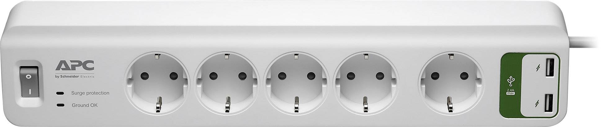 Mehrfachsteckdose mit fünf Steckplätzen, Kippschalter und zwei USB-Anschlüssen, geeignet für Überspannungsschutz.