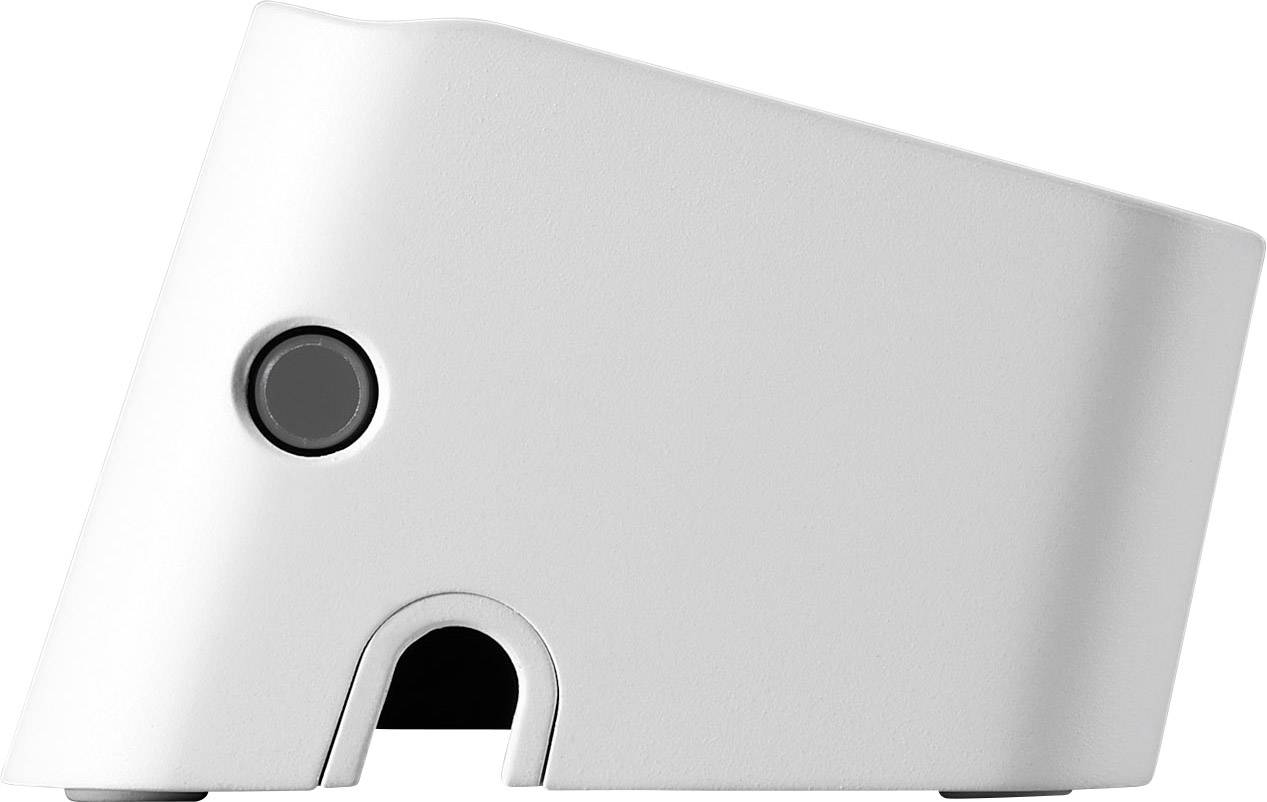 Ein weißes, rechteckiges Gerät mit abgerundeten Kanten und einem runden Knopf an der Seite. Es hat eine Aussparung an der Unterseite.