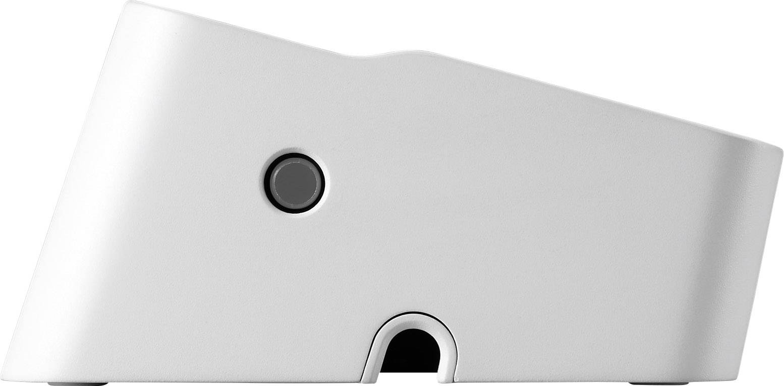 Weißes, schräges Gerät mit schwarzem Knopf an der Seite; möglicherweise eine Halterung oder Ladestation.