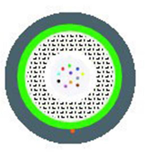 Ein rundes Mikrofon mit einem Gittermuster in der Mitte und einem leuchtend grünen Ring außen, zeigt verschiedene bunte Punkte in der Mitte.