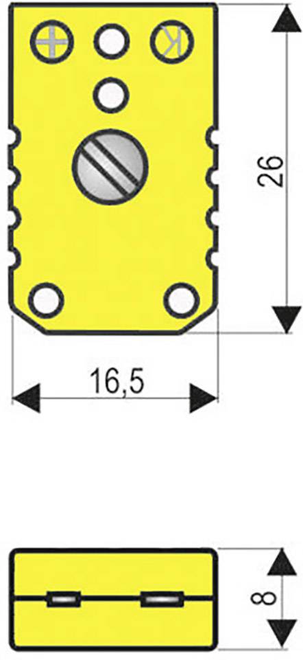 Gelbes Elektronikbauteil mit Maßangaben: 26 mm Höhe, 16,5 mm Breite, 8 mm Tiefe. Symbole und Schraube auf der Vorderseite.