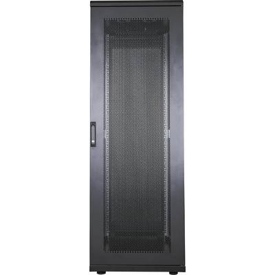 Großer, schwarzer Serverschrank mit perforierter Tür, ideal zur Unterbringung von IT-Geräten in Rechenzentren.