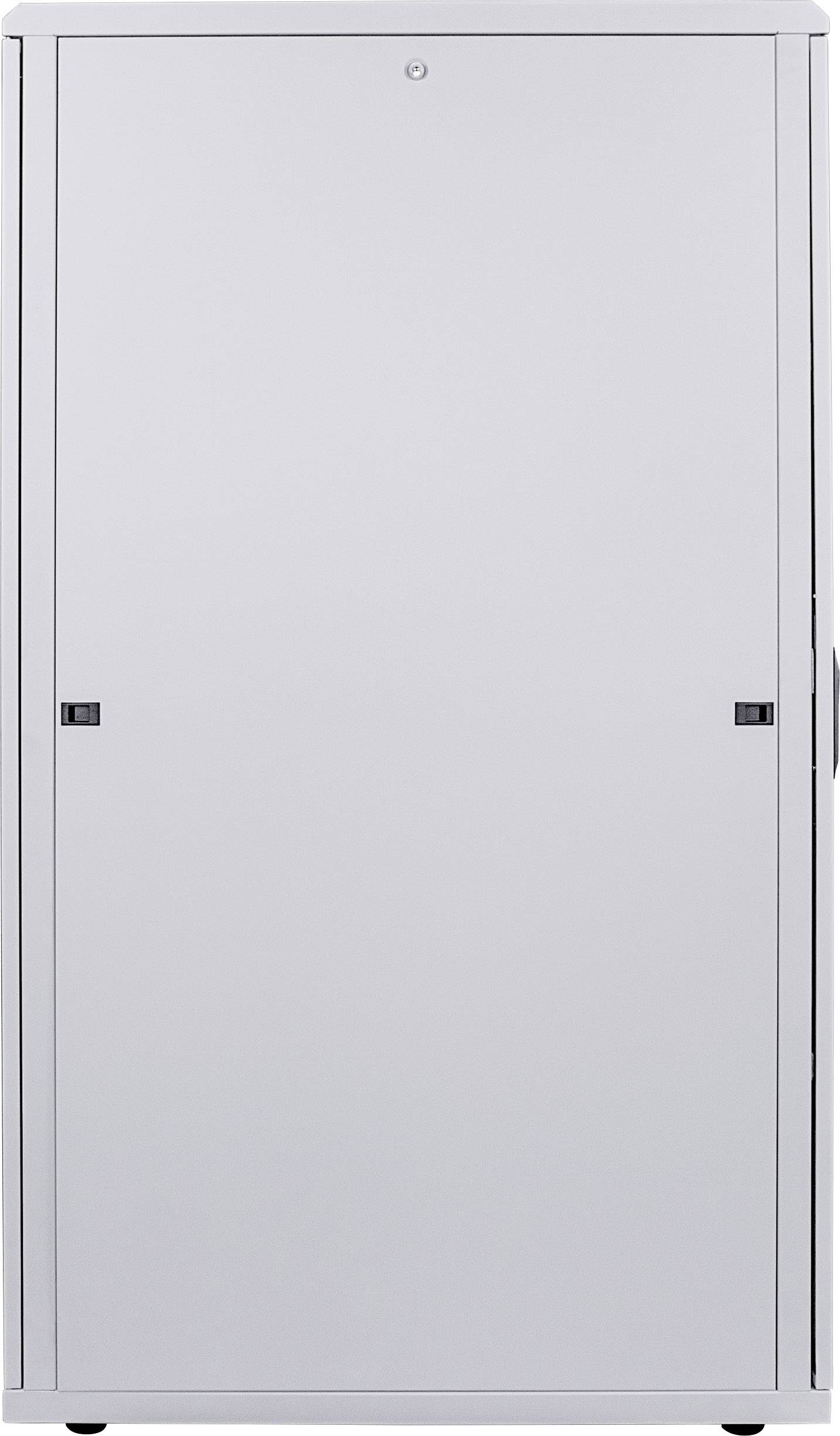 Grauer Metallschrank mit zwei Türen und einem kleinen Schloss oben, keine sichtbaren Details oder Beschriftungen.