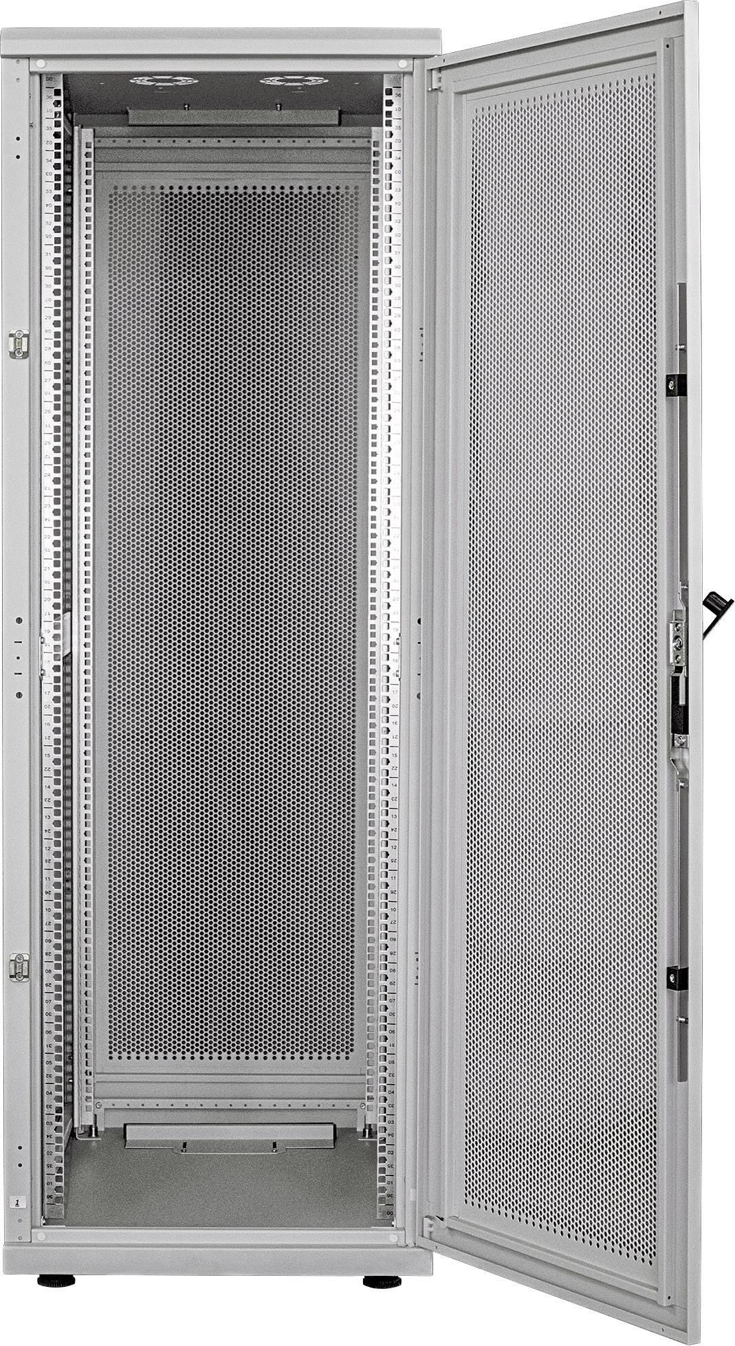 Ein offener Server-Rack-Schrank mit perforierten Türen, geeignet für die Aufnahme von IT-Geräten und Servern zur Klimatisierung und Belüftung.