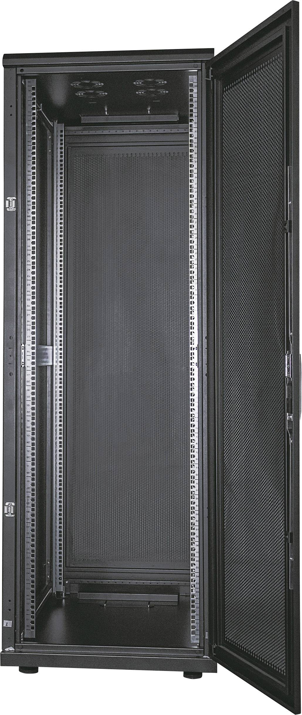 Schwarzer, offener Serverschrank ohne Geräte, zeigt leeren Raum und Montageschienen. Geeignet für IT- und Telekommunikationsausrüstung.