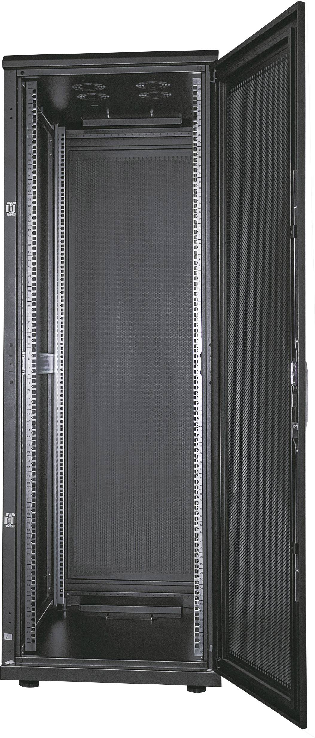 Schwarzer Server-Rack mit geöffneter Tür, zeigt leeren Innenraum für die Montage von IT-Geräten und Kabelmanagement.