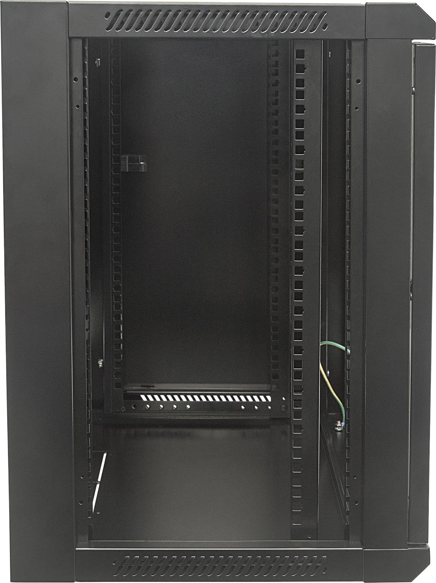 Ein leeres, schwarzes Server-Rack aus Metall mit Lüftungsschlitzen und Kabelkanälen, bereit für die Installation von IT-Komponenten.