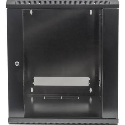 Ein schwarzes, leeres Wandgehäuse für Netzwerkgeräte aus Metall mit einer Glastür. Geeignet für den Einsatz in technologischen Umgebungen.