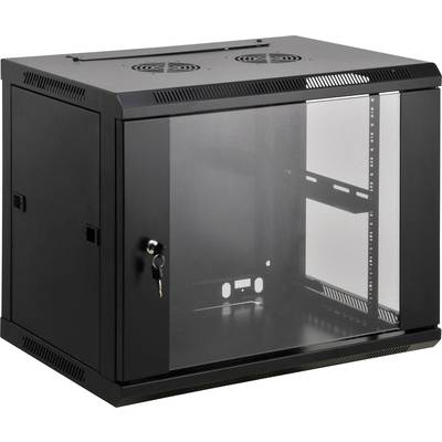 Ein schwarzes Server-Rack-Wandgehäuse mit Glastür, zwei Lüftungsschlitzen oben und einem Schlüsselschloss an der Vorderseite.