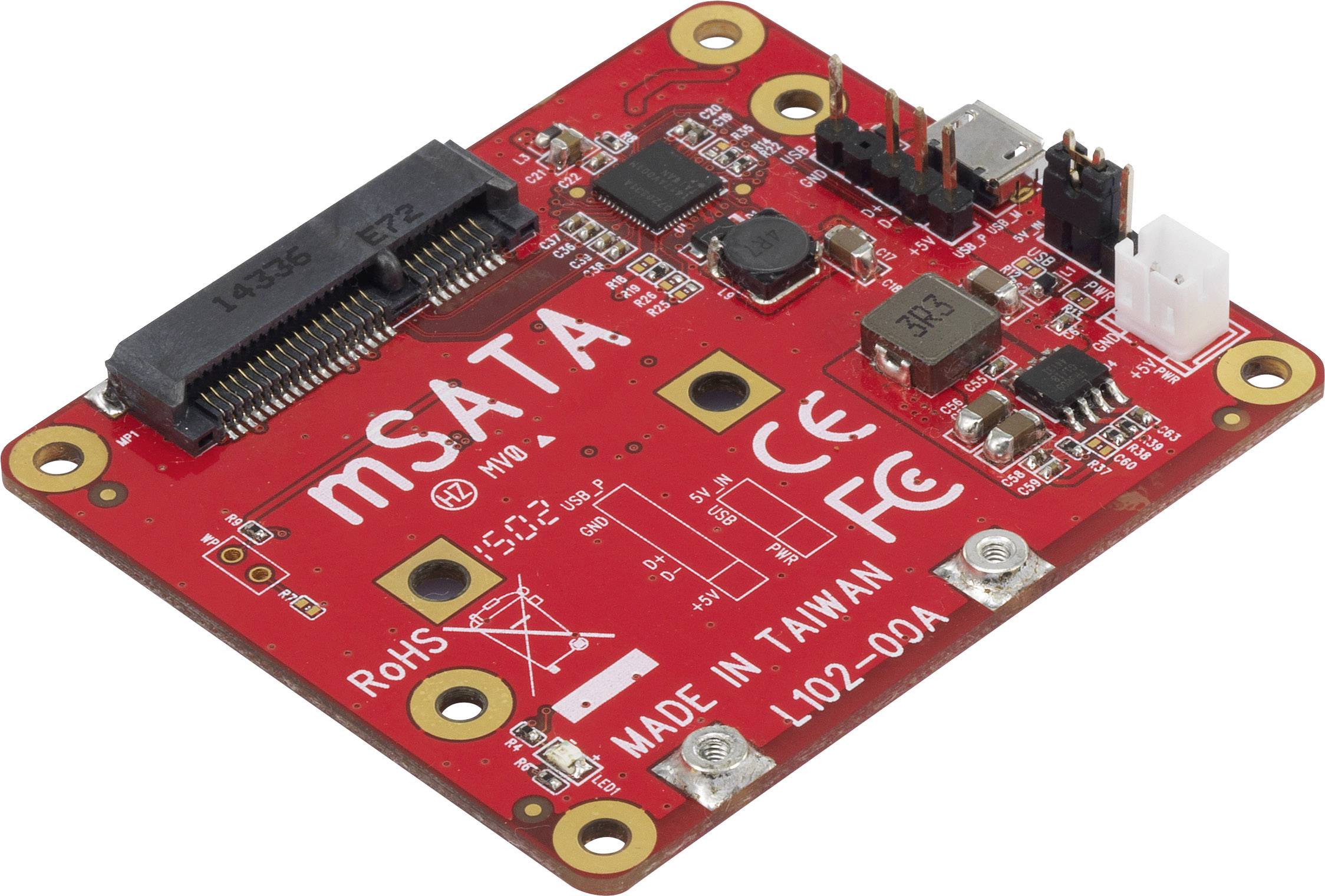 Rotes mSATA-SSD-Modul mit Anschlüssen und Platinenlayout, Aufschrift 'CE' und 'Made in Taiwan', typische Verwendung in Computern.