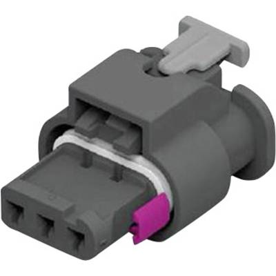 Ein grauer Steckverbinder mit einem violetten Detail und einem grauen Hebel oben, vermutlich für elektrische Verbindungen.