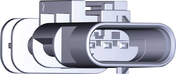 Ein silberfarbener, zylindrischer Stecker, der aus mehreren verbundenen Teilen besteht, mit abgerundeten Kanten und sichtbaren Kontakten.