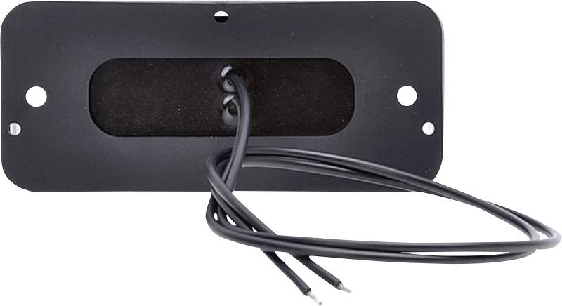 Ein rechteckiges schwarzes Metallpanel mit zwei herausragenden Kabeln in der Mitte und Löchern an den Ecken.