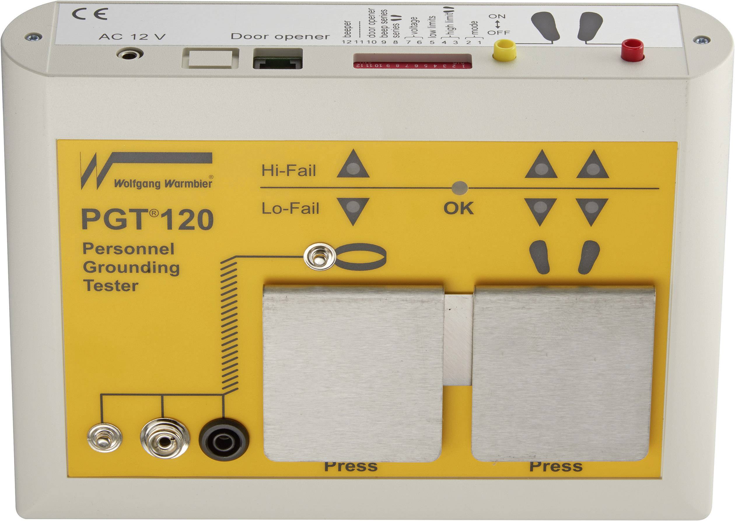 Das Bild zeigt einen 'PGT®120' Tester für Personenerdung mit gelbem Bedienfeld und ablesbaren Anzeigen für 'Hi-Fail', 'Lo-Fail' und 'OK'.