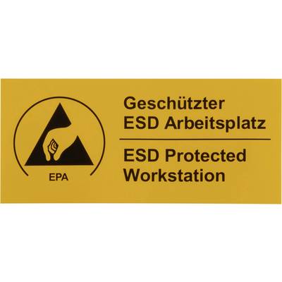 Gelbes Schild mit einem schwarzen Symbol für elektrostatisch geschützte Arbeitsbereiche und den Text 'Geschützter ESD Arbeitsplatz'.