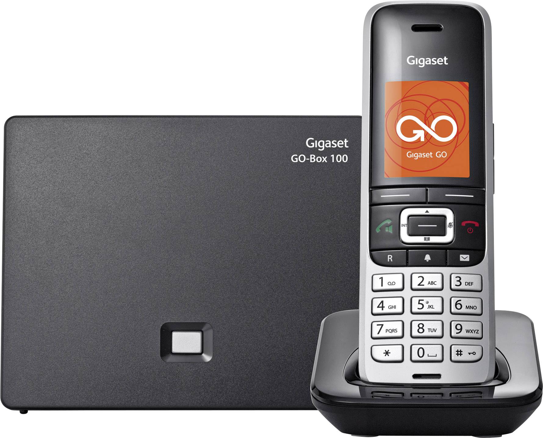 Ein schnurloses Telefon mit Basisstation. Auf dem Display steht 'Gigaset' mit einem orangefarbenen Logo. Markenname 'Gigaset GO-Box 100'.