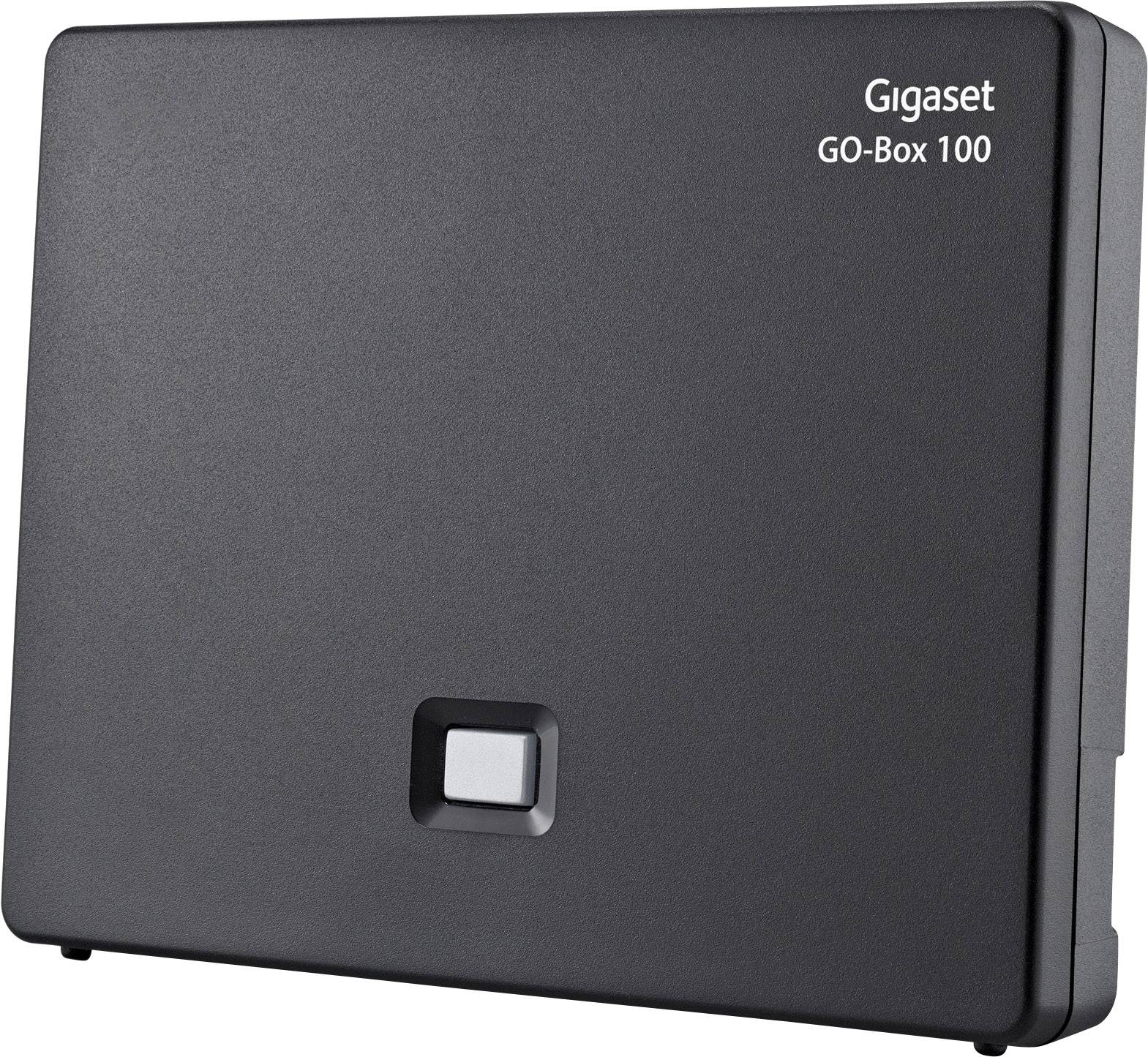 Ein schwarzer Router mit der Aufschrift 'Gigaset GO-Box 100', geeignet zur Verbindung von Telefonen mit dem Internet.