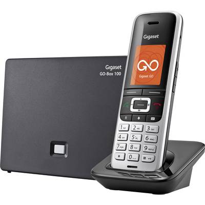 Schnurloses Telefon Gigaset mit Basisstation. Display zeigt das GO-Logo an. Gerät verfügt über Tastenfeld, Hörer und Ladegerät.