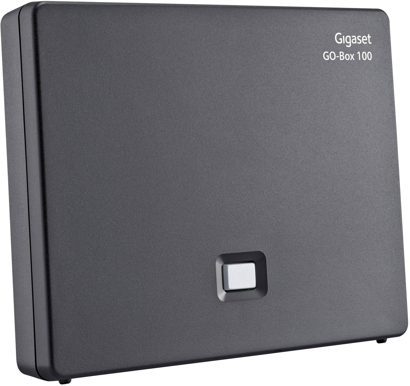 Schwarze Gigaset GO-Box 100, ein schnurloses Telefon-Basisteil, ohne hervorgehobene Details oder Tasten.