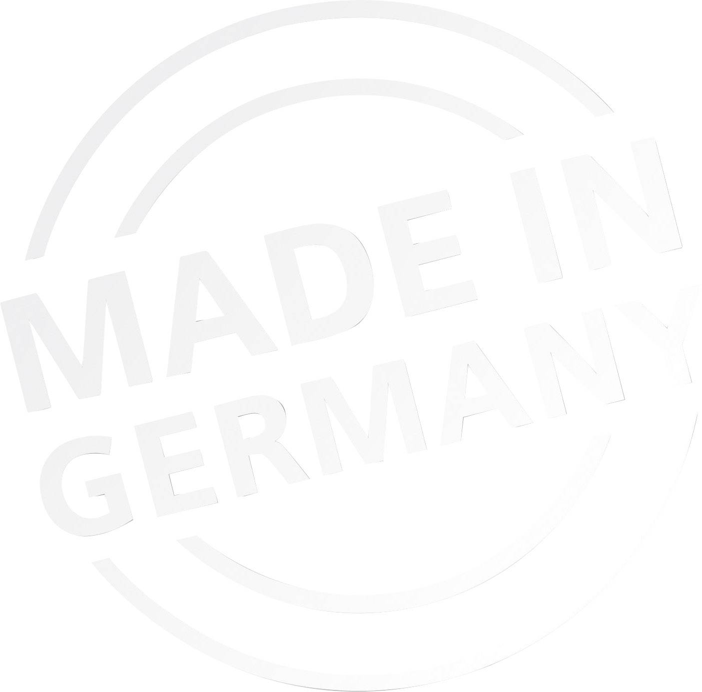 'Siegel mit der Aufschrift 'MADE IN GERMANY'. Weißer Text auf transparentem Hintergrund. Symbolisiert deutsche Herkunft oder Herstellung.'