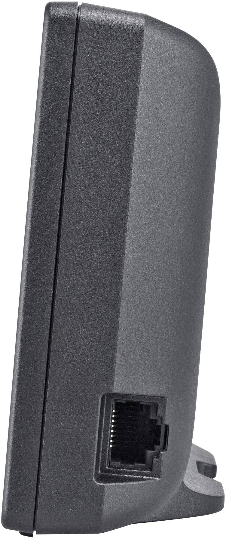 Grauer, senkrecht stehender Router mit Ethernet-Anschluss auf der Rückseite.