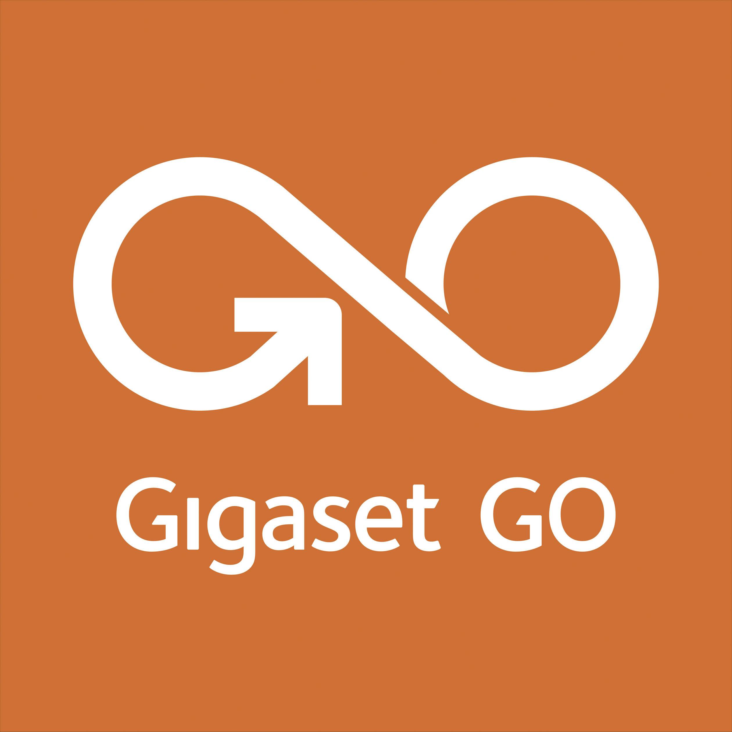 Gigaset GO-Logo auf orangefarbenem Hintergrund mit weißem Unendlichkeitssymbol, das den Buchstaben 'G' formt.